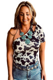 White One Shoulder Cow Print Cut out Short Sleeve Top
