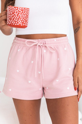 Pink Cute Heart Print Drawstring Lounge Shorts
