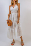 White Embroidered Spaghetti Straps Maxi Dress with Pearls