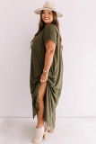 Green Plus Size V Neck Rolled Cuffs Maxi Dress