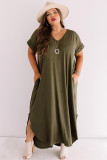 Green Plus Size V Neck Rolled Cuffs Maxi Dress