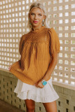 Orange Textured Crochet Keyhole Puff Sleeve Blouse