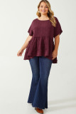 Red Plus Size Floral Embroidered Ruffled Short Sleeve Top