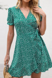 Green V Neck Polka Dot Wrap Ruffle Dress 