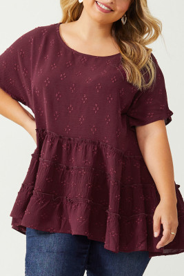 Red Plus Size Floral Embroidered Ruffled Short Sleeve Top