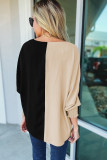 Black Color Block Shirred 3/4 Sleeve V Neck Top