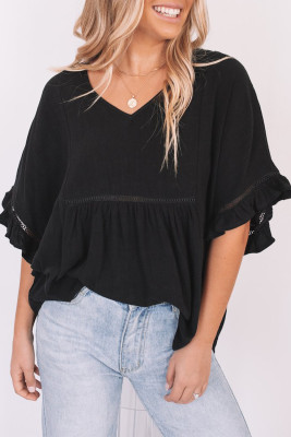 Black Ruffled Lace Detail Loose V Neck Top