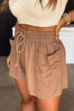 Brown Shirred Waistband Drawstring Casual Shorts with Pockets