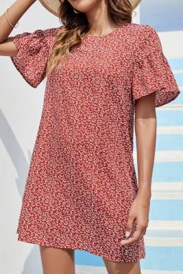 Red Floral Flare Sleeves T-Shirt Dress