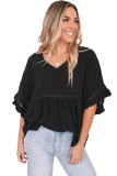 Black Ruffled Lace Detail Loose V Neck Top