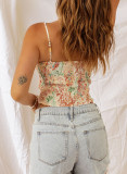 Apricot Floral Print Smocked Ruched Tank Top