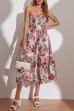 Strapless Smocked Bandeau High Waist Floral Midi Dress