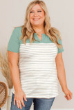 Green Contrast Striped Plus Size Short Sleeve Tee