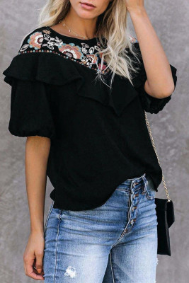 Black Floral Embroidered Flounce Puff Sleeve Blouse