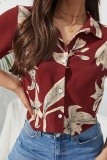 Turn Down Collar Open Button Red Floral Blouse Shirt