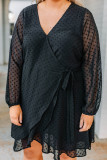 Black Plus Size Swiss Dot V Neck Wrap Long Sleeve Dress