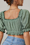 Green Crochet Pattern Square Neck Frill Crop Top