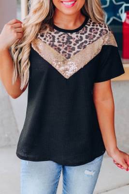 Black Leopard Sequin Waffle Knit Short Sleeve T-shirt