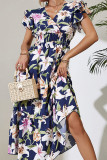 V Neck Ruffle Sleeves Wrap Floral Dress 