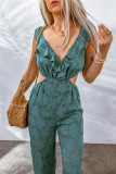 Green Floral Lace Crochet Lace-up Backless Jumpsuit