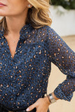 Blue Leopard Sheer Button Front Long Sleeve Shirt