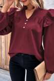 Wine Red Puff Sleeves Ruffle Blouse 