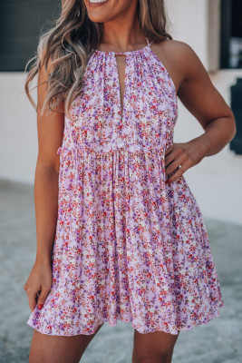 Purple Sleeveless Front Cut-out Backless Floral Dress