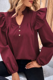 Wine Red Puff Sleeves Ruffle Blouse 
