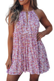 Purple Sleeveless Front Cut-out Backless Floral Dress