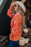 Orange Ruffled Shirred Waffle Knit Pocketed Long Sleeve Shirt