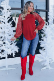 Red Sequin Raglan Sleeve Round Hem Pullover Top
