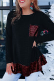Red Sequin Patch Pocket Ruffle Hem Top