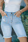 Frayed Hem Striped Bermuda Denim Shorts