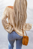 Apricot Lace Keyhole Crochet Shirred Off Shoulder Blouse