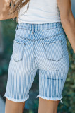 Frayed Hem Striped Bermuda Denim Shorts
