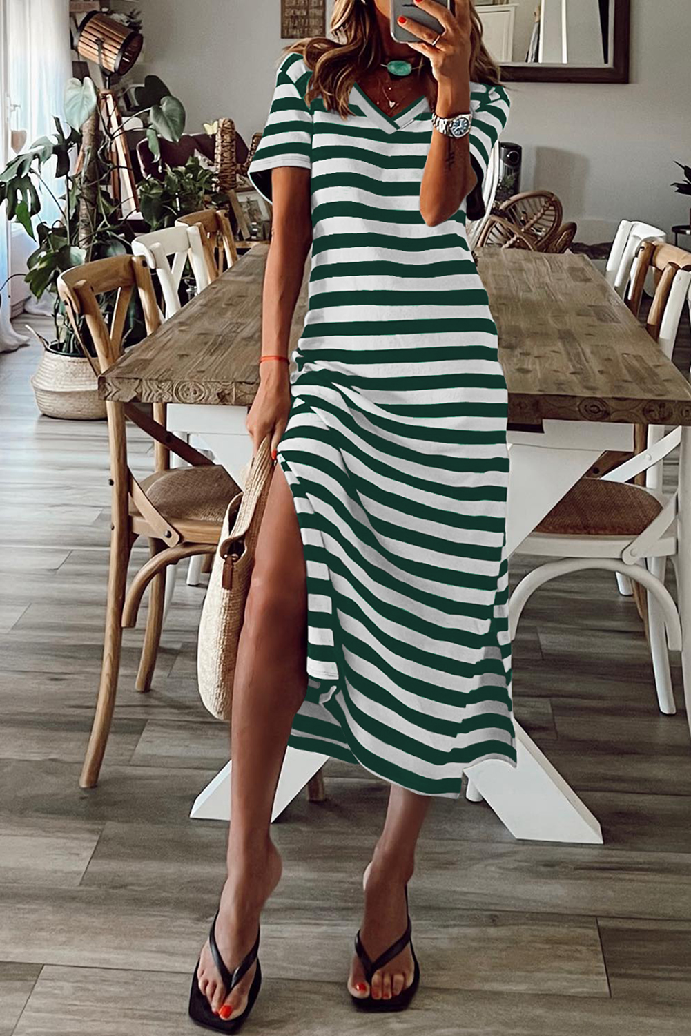 US$ 14.69 - Green Stripe Print V Neck Maxi Dress with Side Splits - www ...