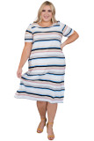 Striped Print Splits Short Sleeve Plus Size Midi Dress