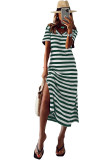 Green Stripe Print V Neck Maxi Dress with Side Splits