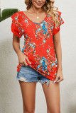 V Neck Double Layer Ruffle Sleeves Floral Top 