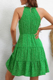 Green Spot Print Halter Sleeveless Tiered Dress
