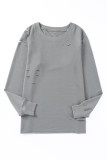 Gray Ribbed Trim Distressed Pullover Top