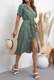 Army Green Floral Printed V Neck Open Button Midi Dress