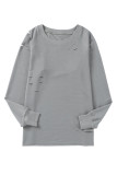 Gray Ribbed Trim Distressed Pullover Top