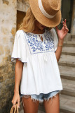 White Casual Tie Front Floral Print Flounce Sleeve Top