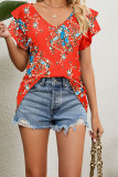 V Neck Double Layer Ruffle Sleeves Floral Top 