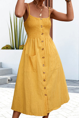 Yellow Spaghetti Button Pocket Dress 