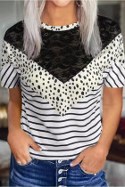 White Chevron Colorblock Lace Leopard Striped Print Short Sleeve Top