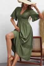 Green V Neck Lace Crochet Flare Sleeves Dress