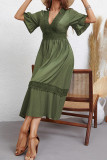 Green V Neck Lace Crochet Flare Sleeves Dress