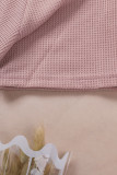 Pink Lace Crochet Waffle Knit Ruffled V Neck Top